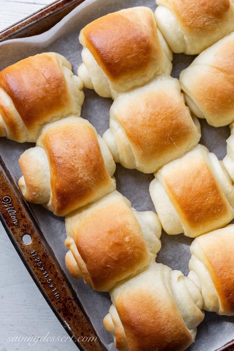 A pan of homemade Lion House Rolls