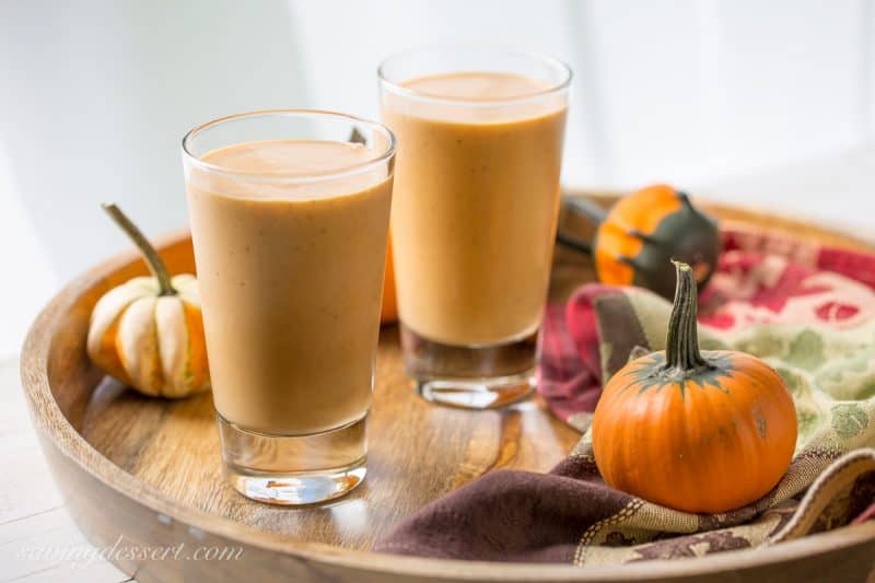 Pumpkin Pie Smoothie - Thick, rich, healthy and creamy, and it tastes like pumpkin pie in a glass. The perfect pumpkin pie craving buster! www.savingdessert.com
