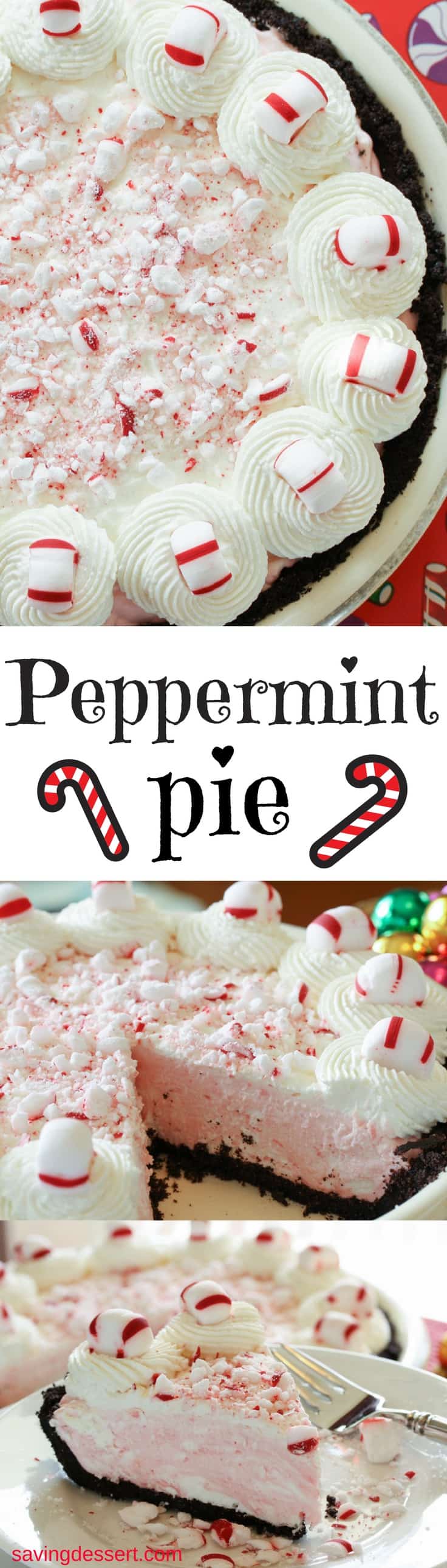 Peppermint Pie ~ light and fluffy, simple and sweet, with all the flavors of the holiday season! www.savingdessert.com #savingroomfordessert #peppermint #pie #holidaypie #dessert #Christmas #peppermintpie