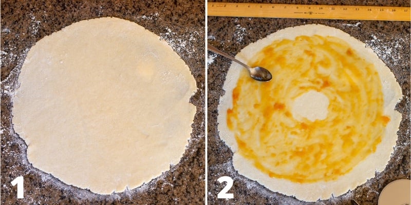 A collage showing circles of cookie dough topped with apricot preserves