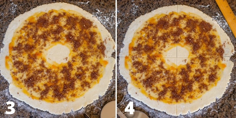 a collage showing cookie dough rolled into a circle then topped with apricot jam and a walnut cinnamon mixture