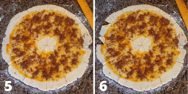 A collage showing cookie dough rolled into a circle then cut into wedges