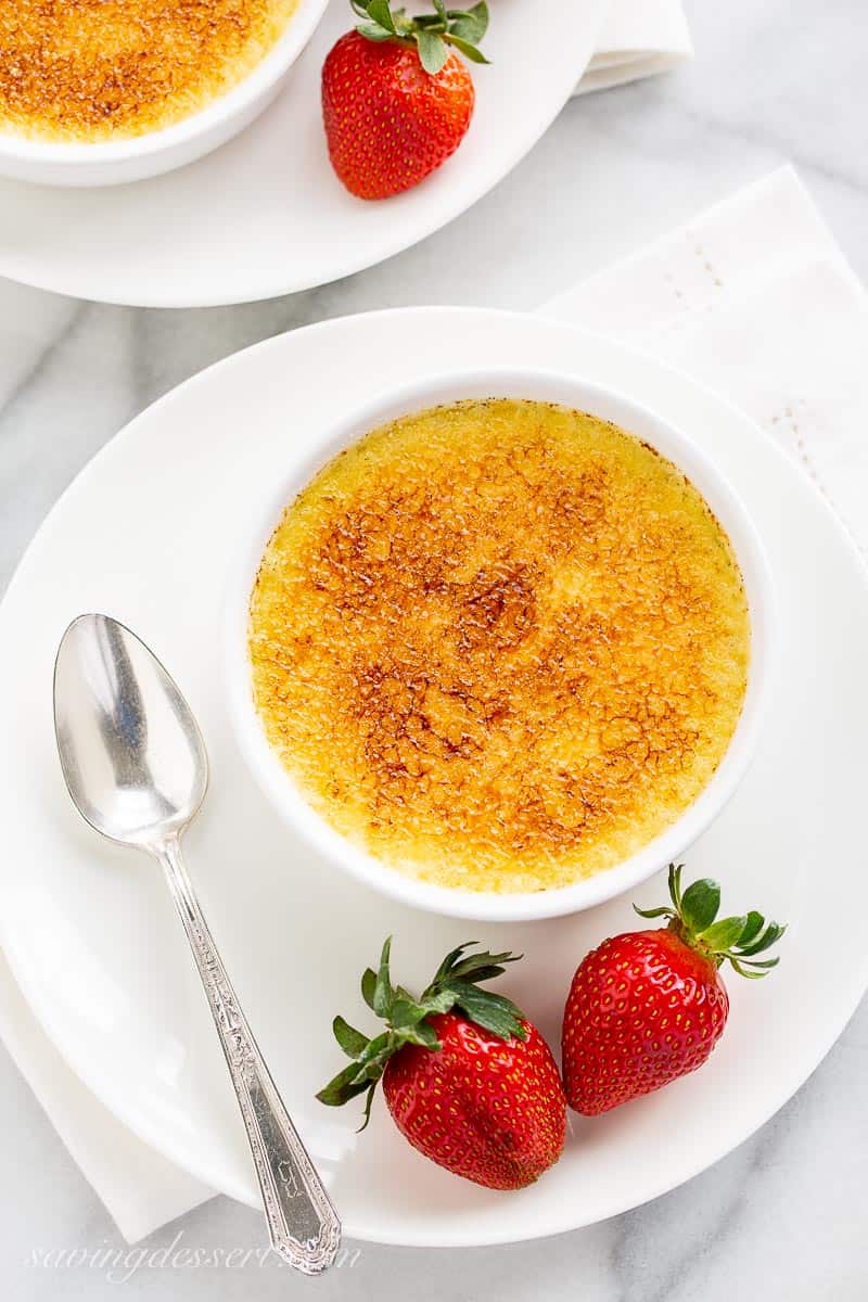 Overhead view of a ramekin filled with brûléed custard