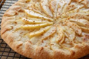 overhead view of almond-pear galette