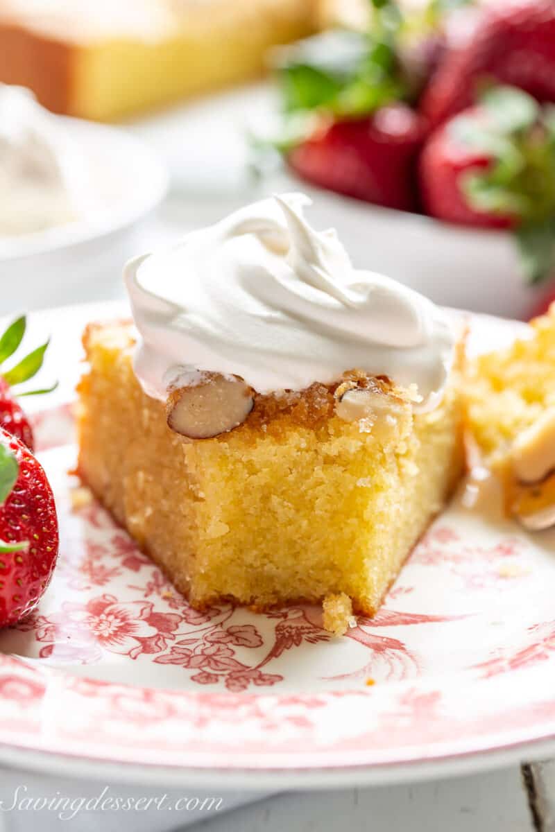 closeup of a partially eaten slice of almond cake