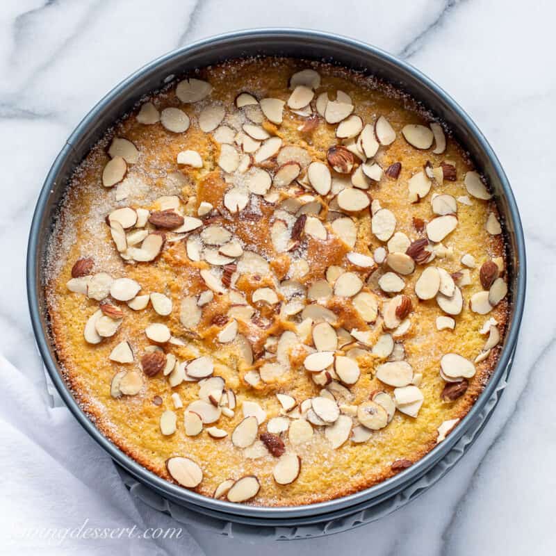 an almond cake in a cake pan