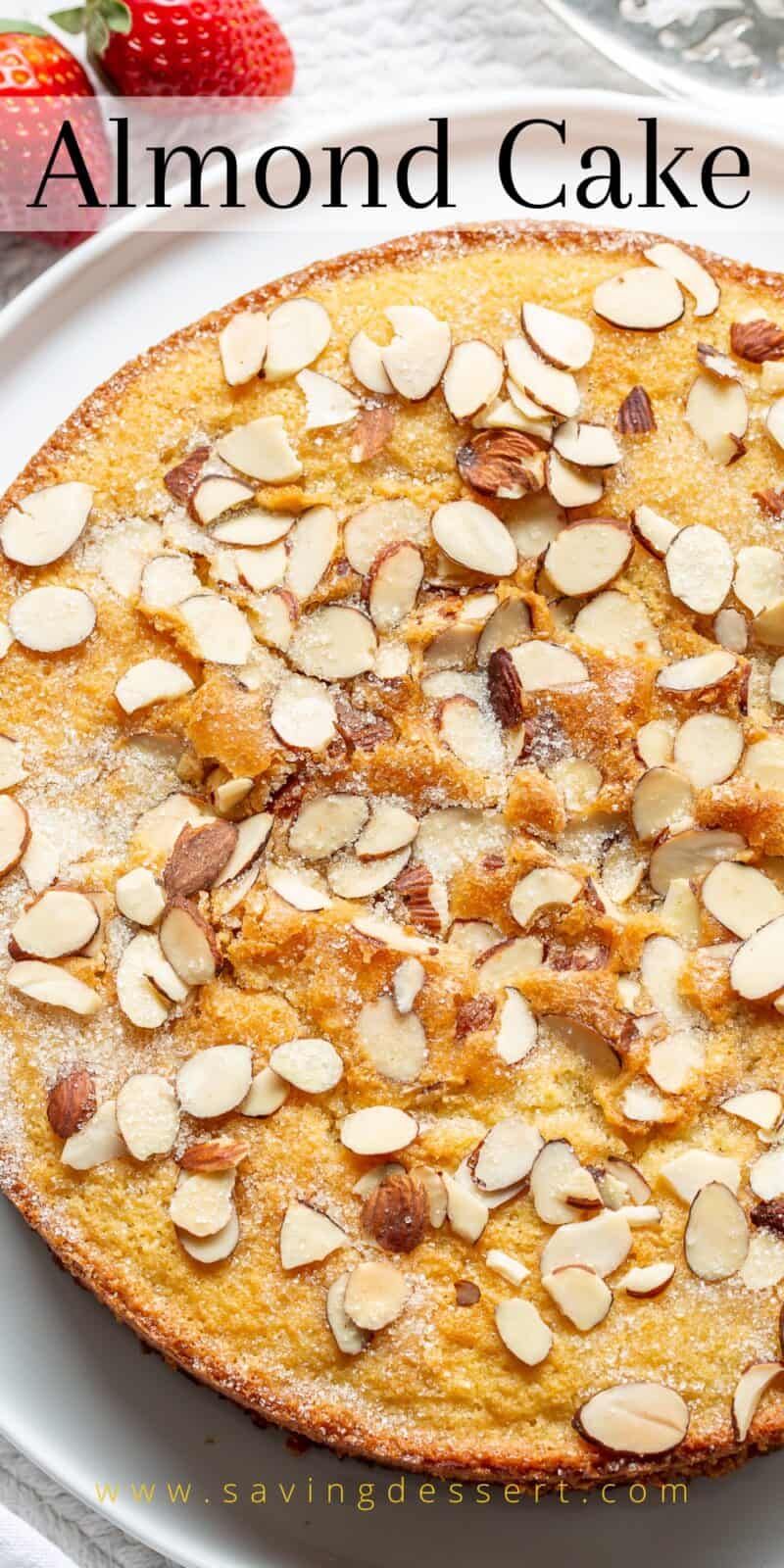 closeup overhead photo of an almond topped almond cake