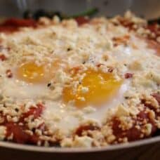 Side shot of spinach, kale & egg skillet