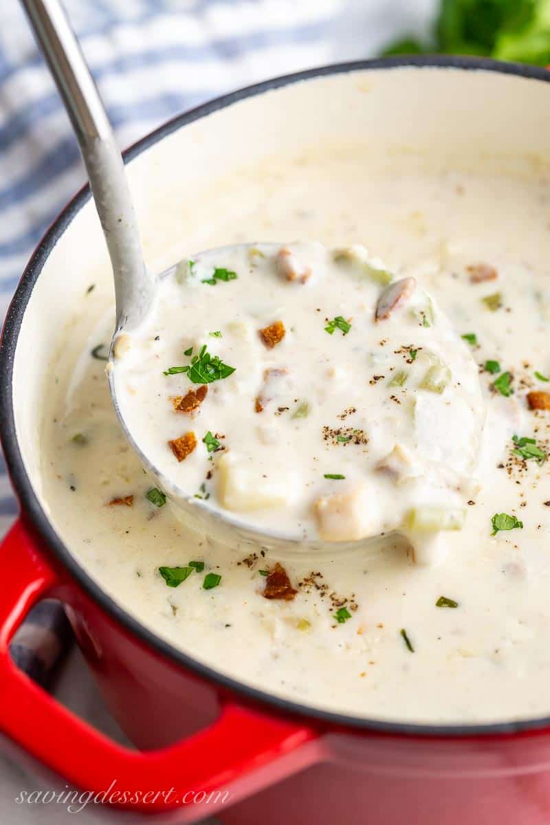 Side view of a ladle of creamy clam chowder