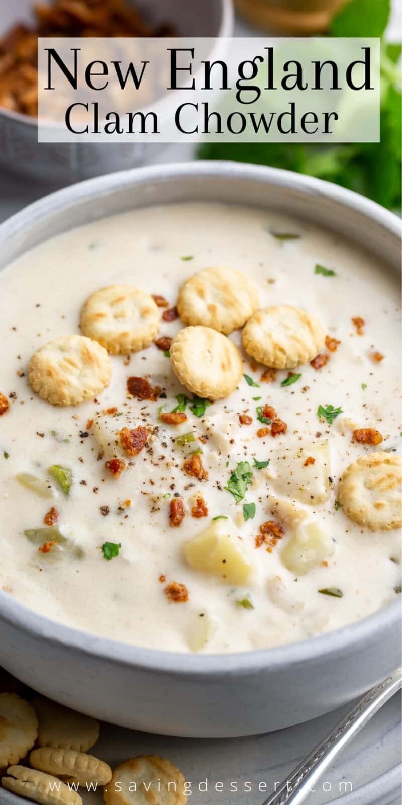 Closeup of a bowl of clam chowder with oyster crackers.
