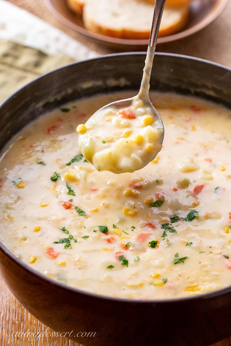 A pot of corn and potato chowder