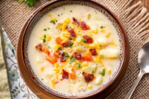A bowl of corn and potato chowder with bacon