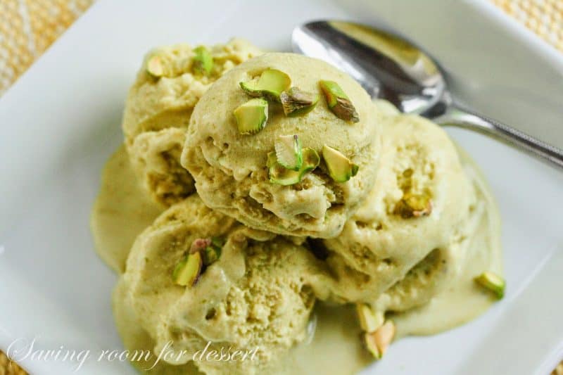 Up close view of a bowl of scooped Pistachio Ice Cream.