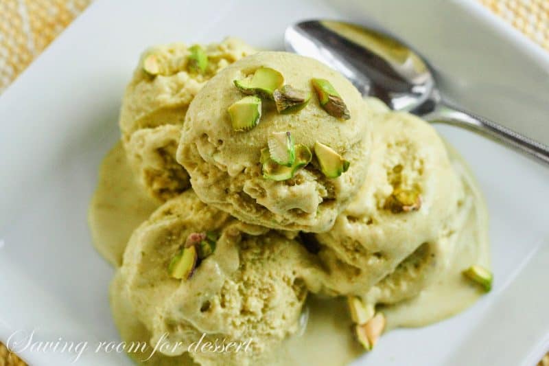 Up close view of a bowl of scooped Pistachio Ice Cream.