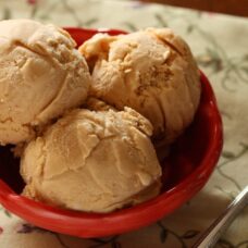 Overhead view of a bowl of Dulce De Leche Ice Cream.