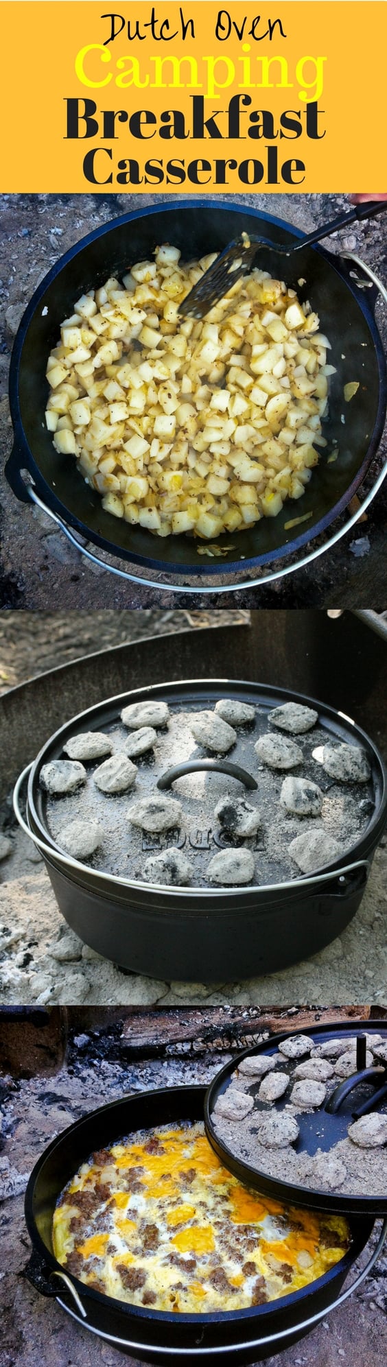 Mountain Man Breakfast Casserole - a hearty breakfast of sausage, potatoes, onions, cheese and eggs cooked in a LODGE Dutch Oven over hot coals. The perfect camping breakfast before a day of hiking, and enjoying the great outdoors! | www.savingdessert.com