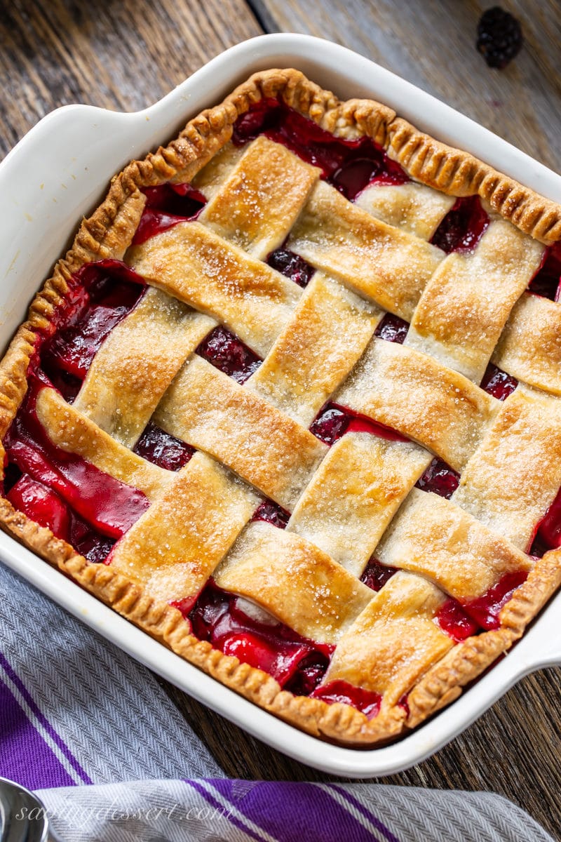 Blackberry cobbler with a golden brown lattice top