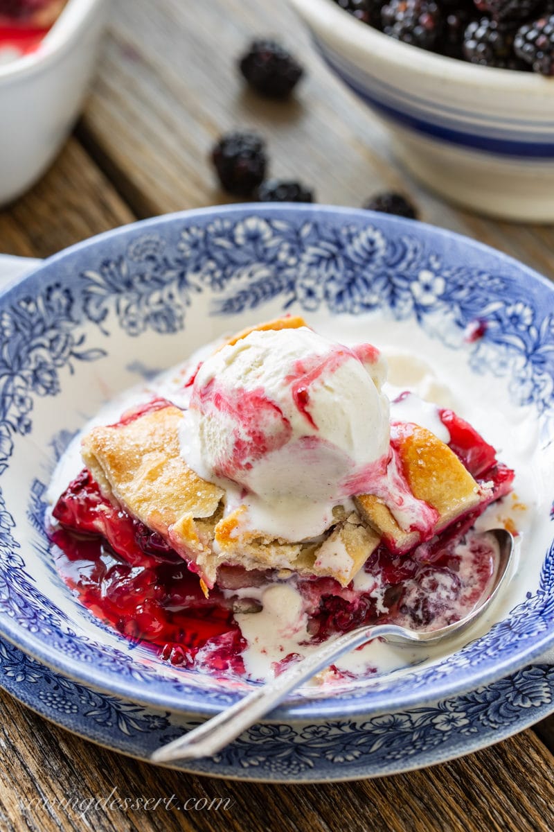 Blackberry cobbler with vanilla ice cream on top