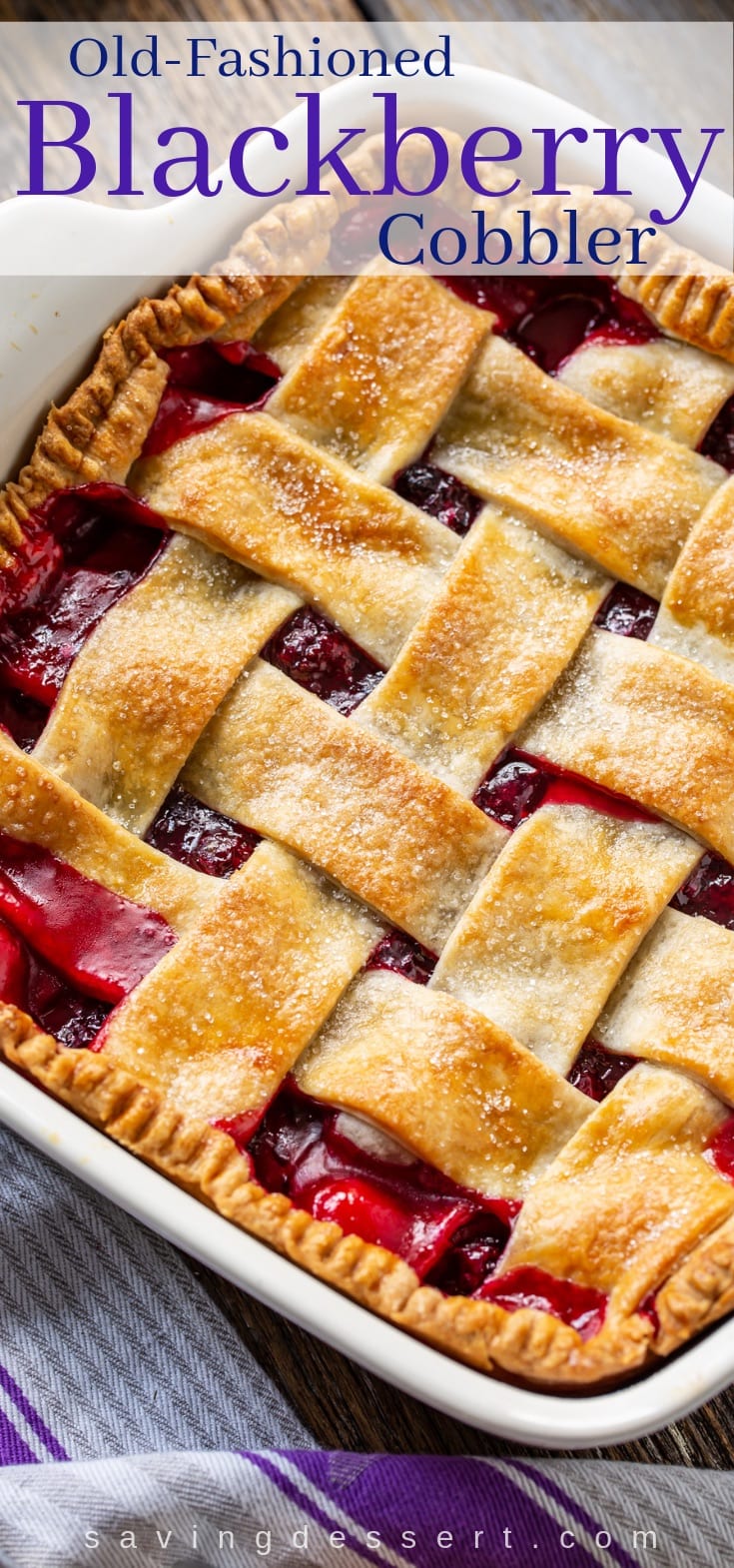 A casserole filled with homemade blackberry cobbler with a pastry crust