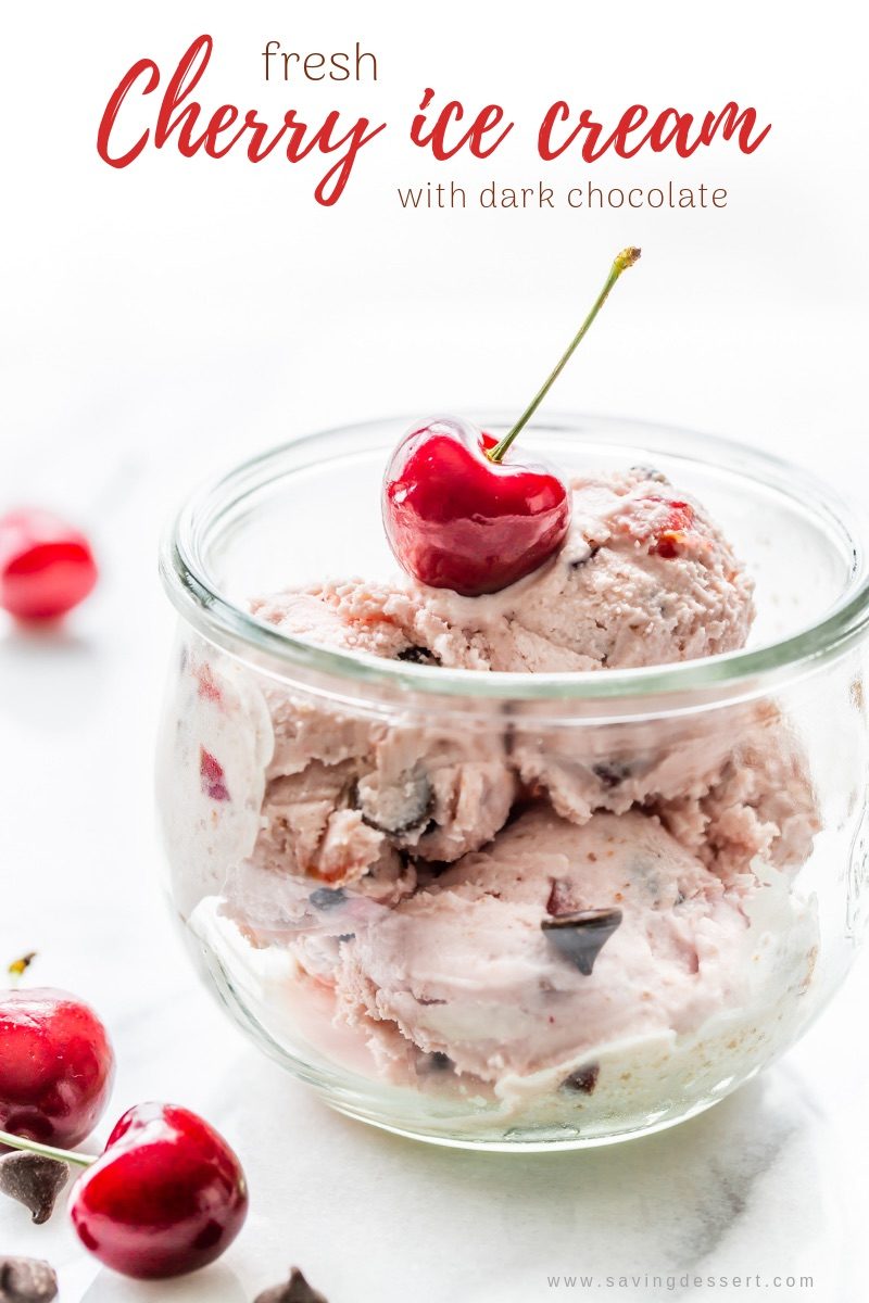 A jar filled with homemade fresh Cherry Ice Cream with dark chocolate chips
