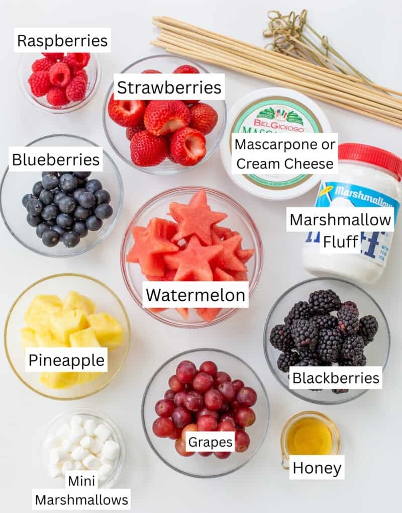 A collage of ingredients used to make two different kinds of fruit kabobs.