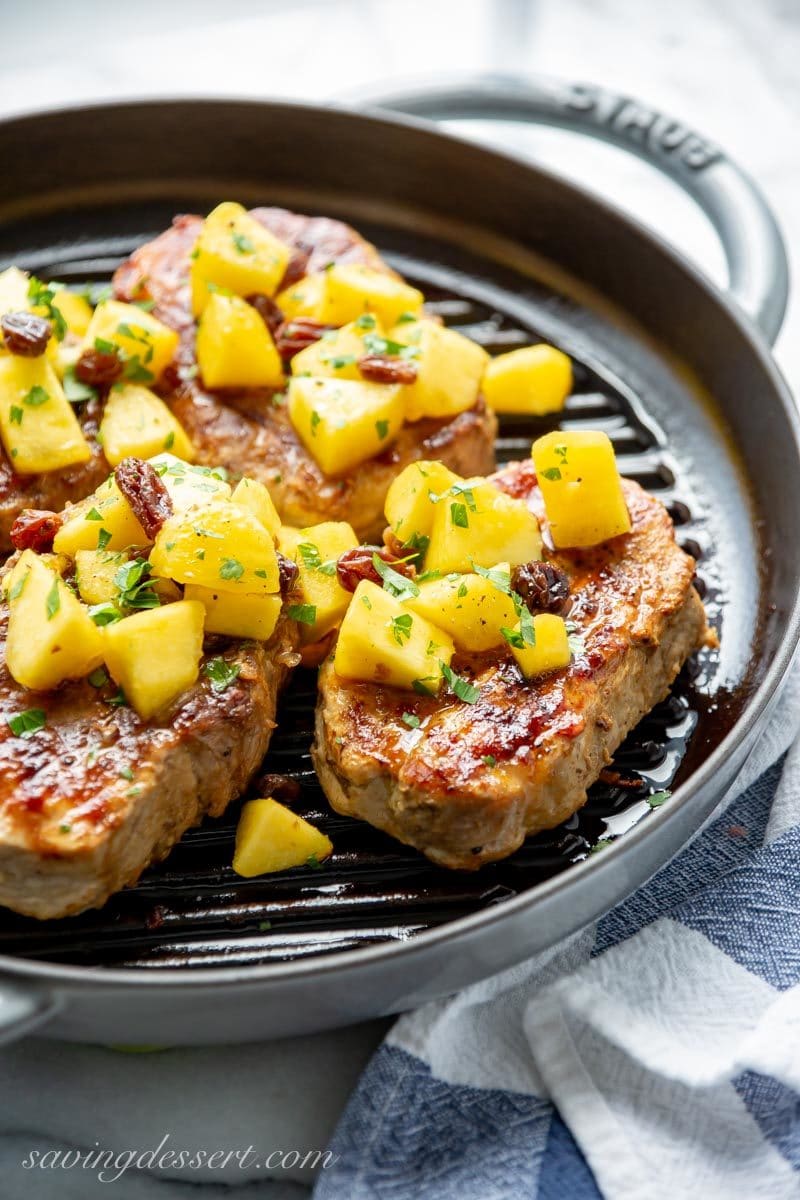 Grilled Pork Chops with Peach Agrodolce in a grill pan