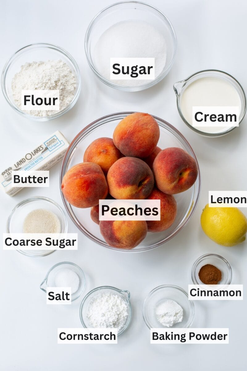 A collage of ingredients needed to make peach cobbler.