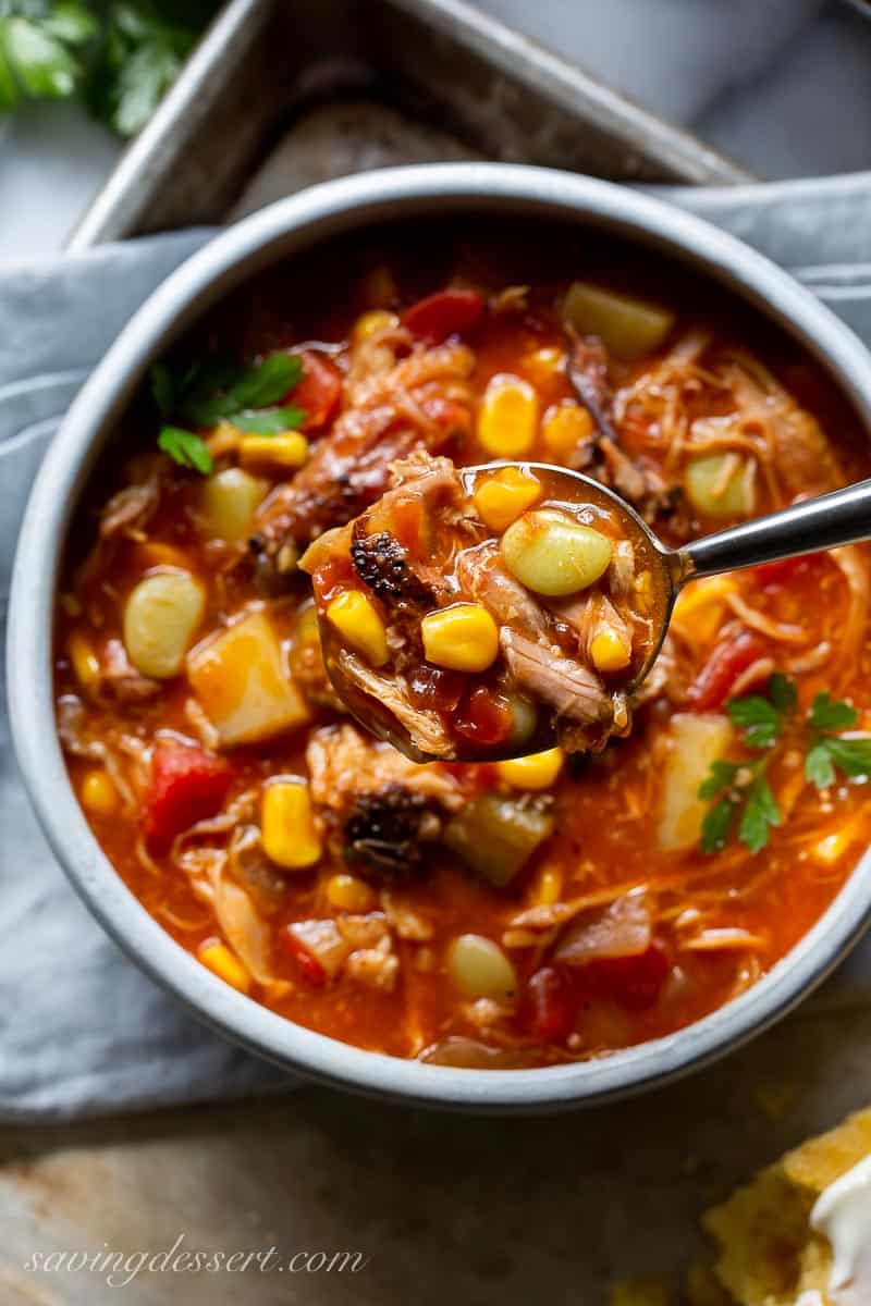 A spoonful of Brunswick Stew with lima beans, corn and smoked pork