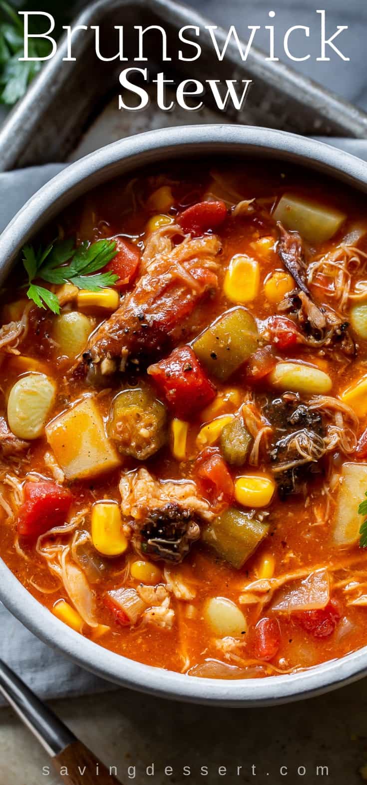 A closeup of a bowl of Brunswick Stew garnished with parsley