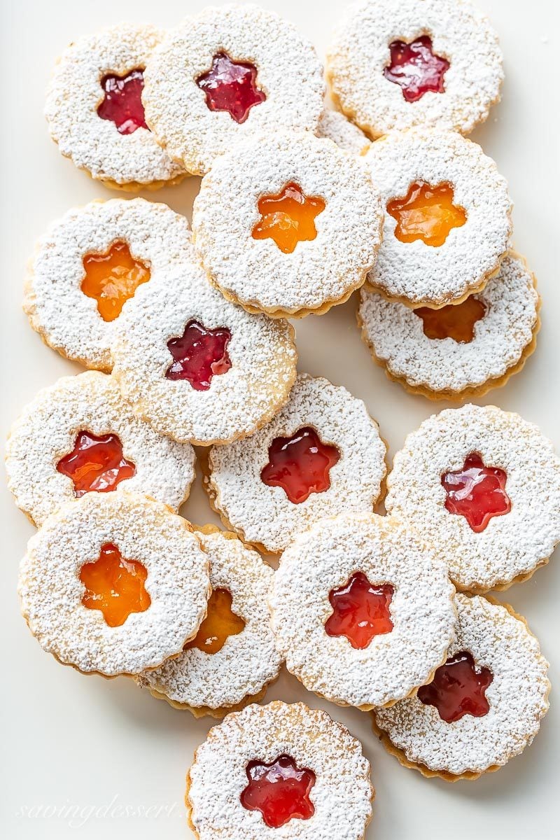 A platter of jam filled Linzer Cookies