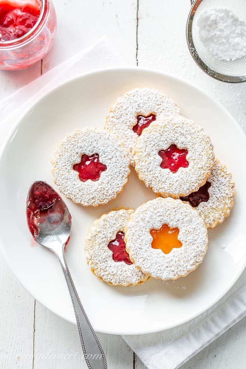 A plate of jam filled Linzer cookies