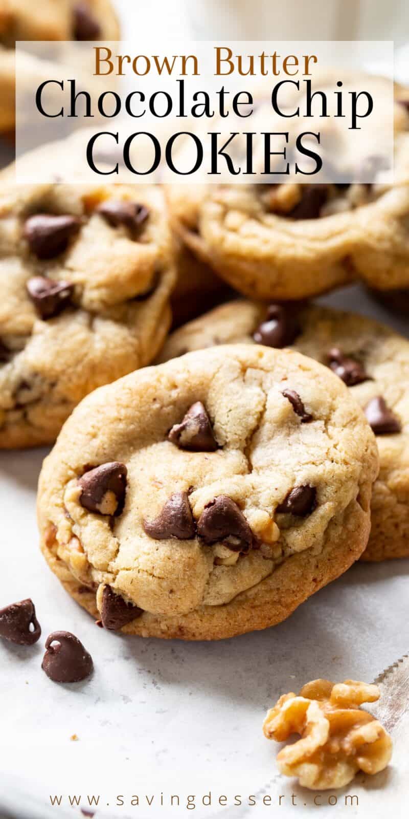 Closeup of a brown butter chocolate chip cookie on a tray