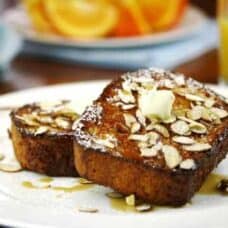 Side shot of almond french toast