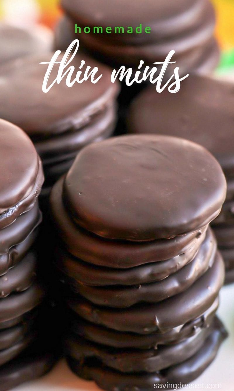 Homemade Copycat Thin Mint Cookies with a deep, dark chocolate cookie coated in a thick layer of minty chocolate. Don't wait for a Girl Scout to stop by your house - keep a batch in the freezer year round! www.savingdessert.com #savingroomfordessert #thinmints #cookies #girlscoutcookies #dessert #copycatcookies