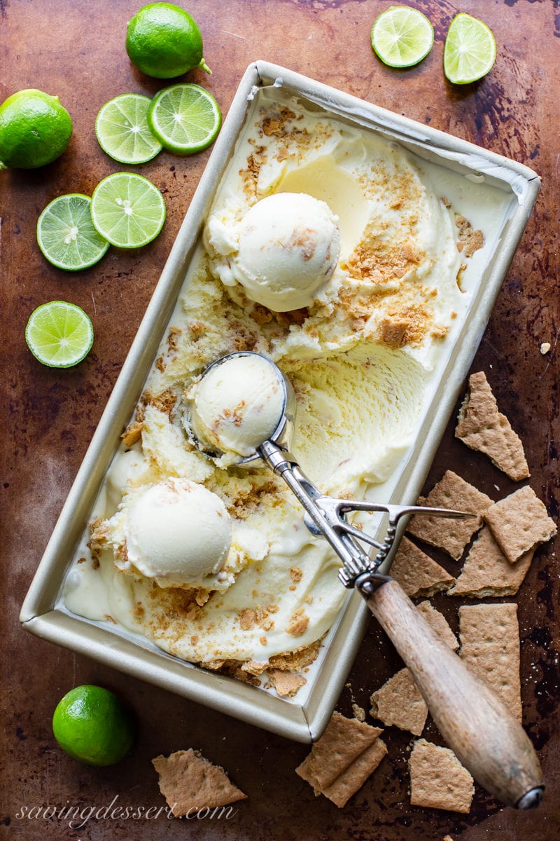 A pan with key lime gelato with a ribbon of crushed graham crackers