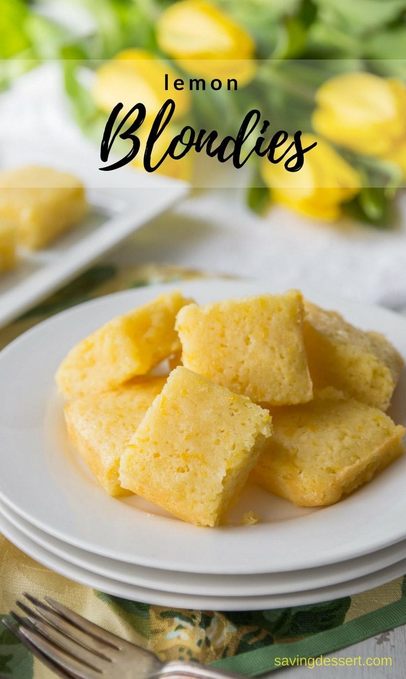 Tangy Lemon Blondies - a cross between a light and moist cake, and a sweet, tangy lemon bar. Super easy to make and even easier to eat! #savingroomfordessert #lemon #blondies #lemonblondies #lemoncake #dessert