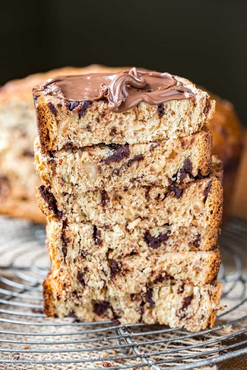 Chocolate Hazelnut Bread ~ a simple yeasted loaf of fluffy sweet bread, loaded with chunks of bittersweet chocolate and toasted hazelnuts. Serve with a slathering of Nutella for a wonderful treat! www.savingdessert.com #sweetbread #bread #chocolate #chocolatehazelnut #hazelnut #chocolatebread #savingroomfordessert