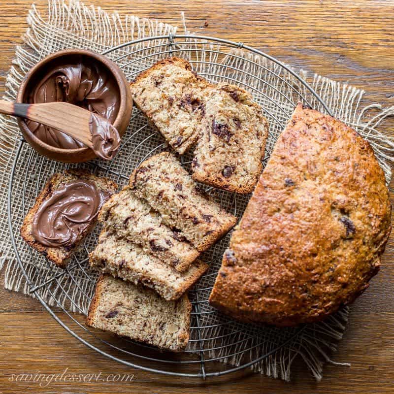 Chocolate Hazelnut Bread ~ a simple yeasted loaf of fluffy sweet bread, loaded with chunks of bittersweet chocolate and toasted hazelnuts. Serve with a slathering of Nutella for a wonderful treat! www.savingdessert.com #sweetbread #bread #chocolate #chocolatehazelnut #hazelnut #chocolatebread #savingroomfordessert