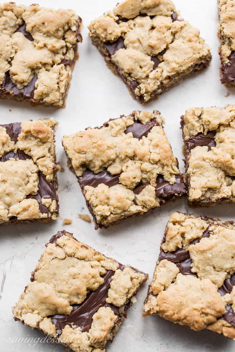 A tray of Chocolate Peanut Butter Revel Bars cut into square