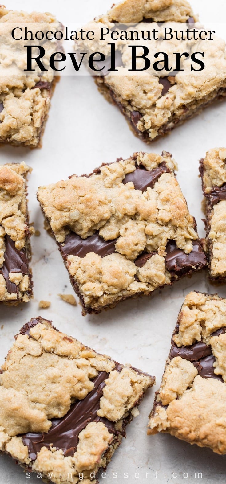 Chocolate Peanut Butter Revel Bars cut into squares