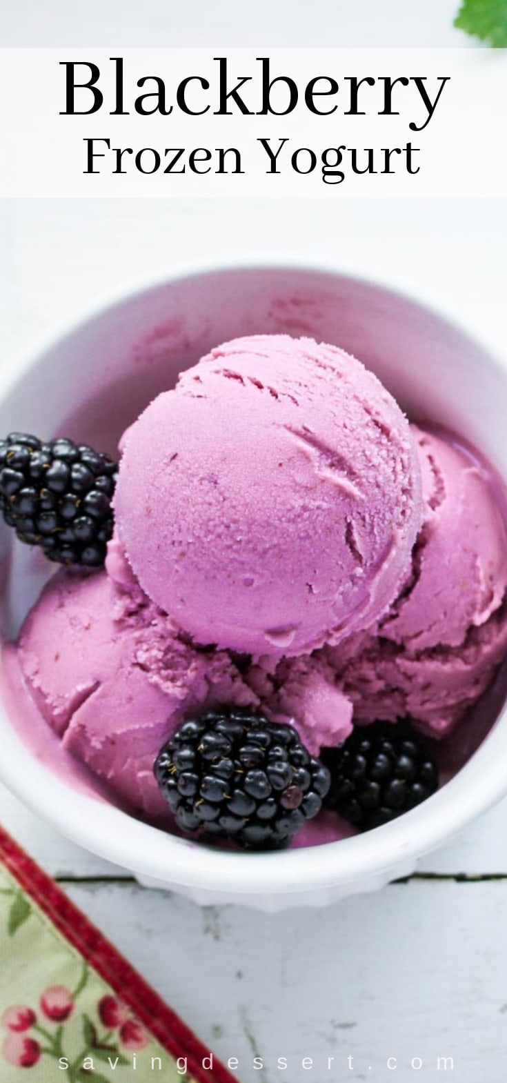 A bowl of purple hued blackberry frozen yogurt with fresh blackberries