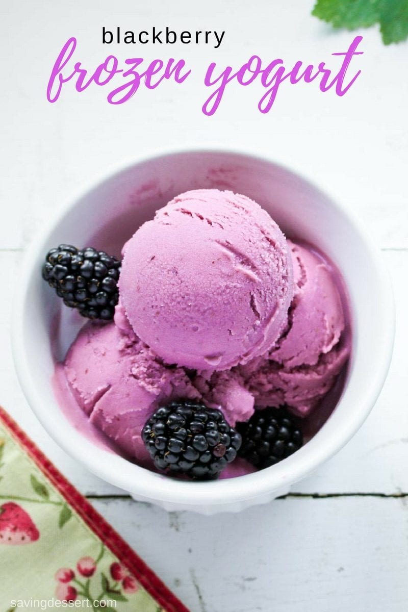 Blackberry Frozen Yogurt - a healthy way to enjoy a frozen dessert, sweetened with blackberries and honey. #savingroomfordessert #blackberry #frozenyogurt #frozentreat #icecream #gelato #blackberryyogurt #blackberryfrozenyogurt