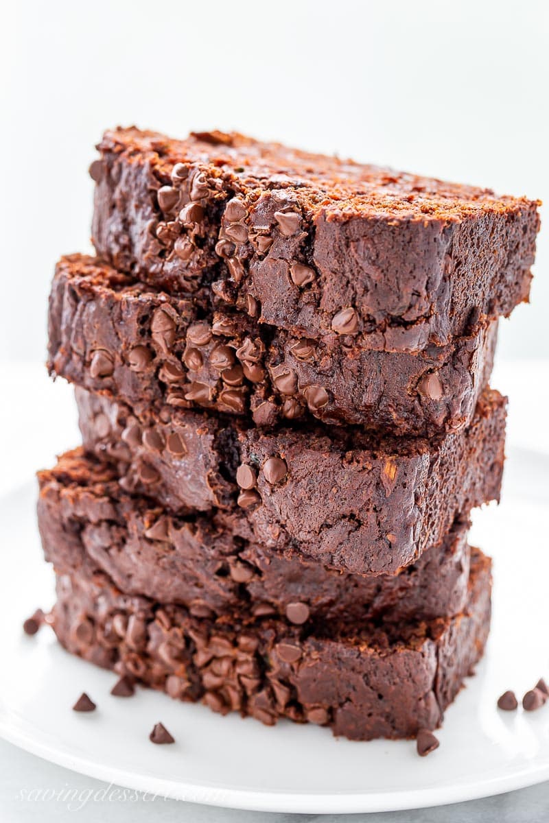 A stack of sliced chocolate zucchini bread