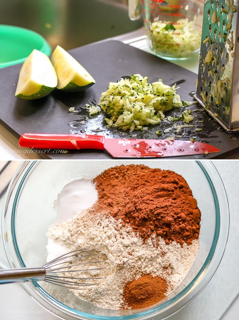 A collage of photos showing the ingredients needed to make Chocolate Zucchini Bread