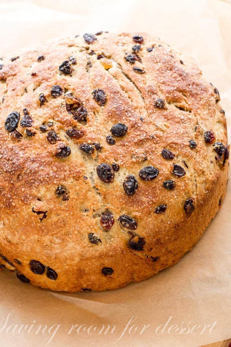 A golden brown round loaf of Barmbrack Irish Halloween Bread