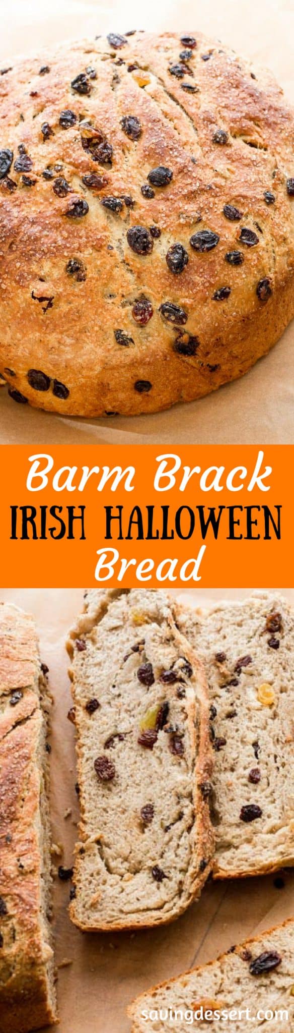 Barm Brack - Irish Halloween Bread - A traditional Irish recipe served around Halloween. Barm Brack is a little sweeter than sandwich bread, but not as rich as cake. The Irish bake items into the bread as a game of fortune-telling. Sometimes there is a ring indicating an impending marriage or a coin foretelling good luck or riches. www.savingdessert.com