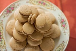 Overhead shot of plate full of cinnamon macarons