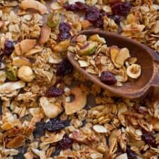 overhead shot of granola with a spoon