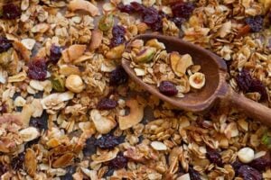 overhead shot of granola with a spoon