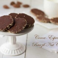 Cocoa-Espresso-Brazil Nut Cookies on a cake stand